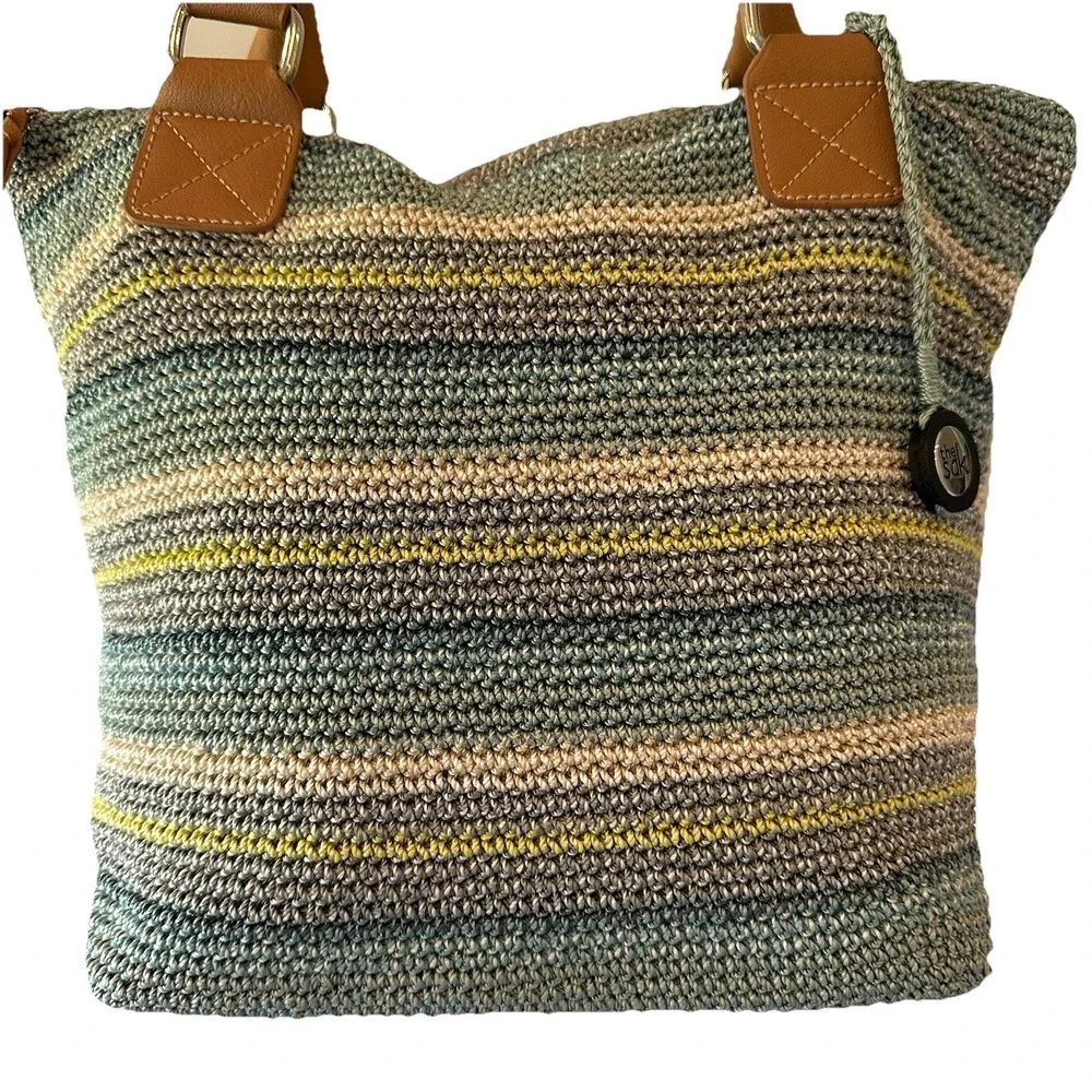 The Sak Cambria Crochet Aqua Stripe Shoulder‎ Bag Purse Double Handle